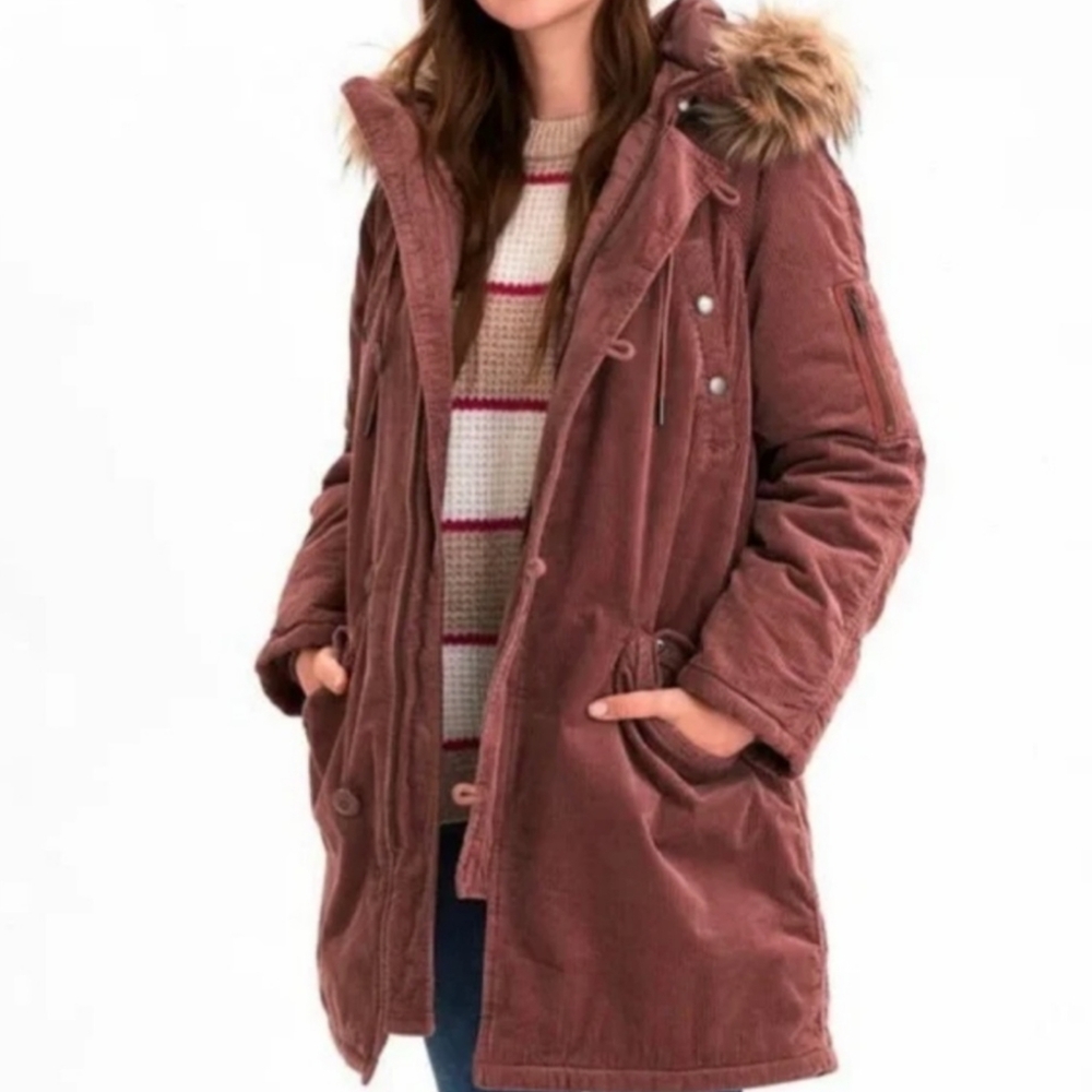 Oversized Mauve American Eagle Corduroy Parka Coat with Fur Hood, size XS